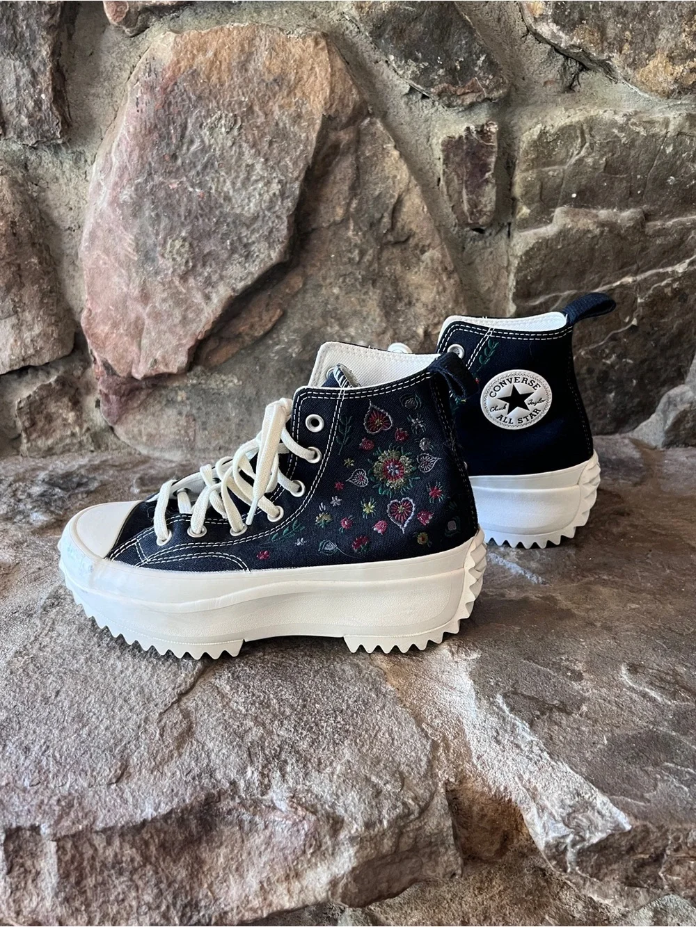Converse Black High Top Platform Sneakers with Floral Accent